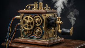 蒸氣龐克機器，帶有黃銅齒輪、彩色電線和從木底座升起的蒸汽。