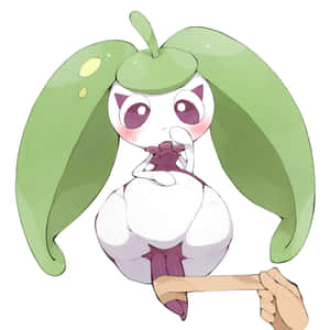 一個小的動漫蘋果生物，有葉子耳朵，被人手捧著。