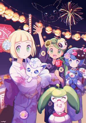 動漫角色穿著浴衣，在燈籠和煙火的夜間祭典中慶祝。 — 煙火 壁紙