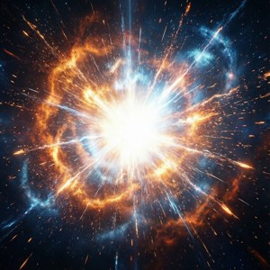 在黑暗的星空背景下，一道明亮的宇宙爆炸帶有橙色和藍色的光條