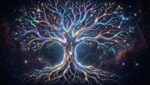 一棵發光的宇宙樹，樹根和樹枝橫跨星雲。