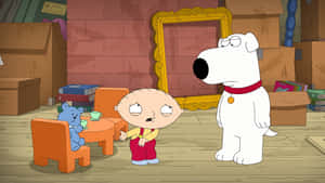 BB Stewie 揸住一個茶杯，狗Brian企喺附近一個雜亂嘅房入面。 — 家庭 壁紙