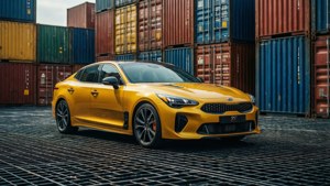 一輛黃色的Kia Stinger GT停放在金屬網格地板上，背景有堆疊的集裝箱。