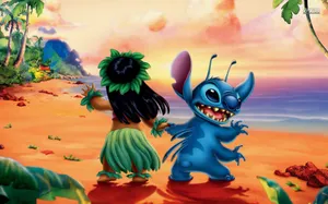 Lilo 和 Stitch 在日落時分的熱帶海灘上跳舞。