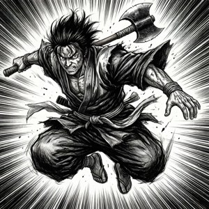 一個黑白漫畫風格的武士戰士，手持斧頭，以動態戰鬥姿勢跳躍。