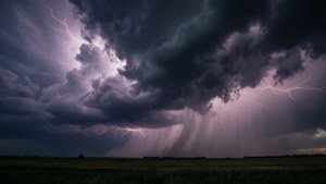 雨浸田野上方的烏雲伴隨紫色閃電
