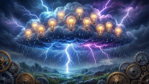 充滿發光燈泡和閃電的暴風雲，籠罩在齒輪框住的風景之上。