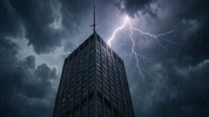 在暴雨中，一座高樓被閃電擊中照亮。