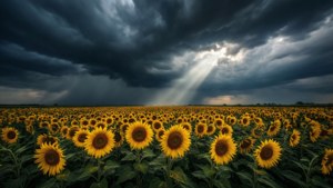 向日葵田在暴風雨天空下，陽光穿透雲層