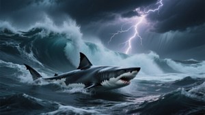 大白鯊在雷暴期間穿過破碎的海浪游動。