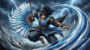 一位身穿藍色長袍的戰士在閃電和旋風的風暴中揮舞扇子。
