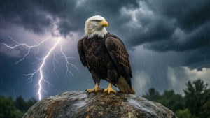 白頭鷹在雷暴中站在岩石上，背景有閃電