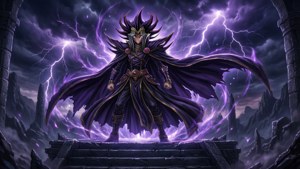 一位身穿深色長袍、頭戴尖刺頭盔的巫師站在石階上，紫色的閃電在他周圍的暴風雨山景中擊落。