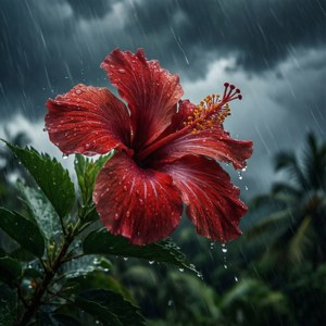 一朵帶有水珠的紅色木芙蓉花在暴雨中綻放，背景是烏雲和綠葉。