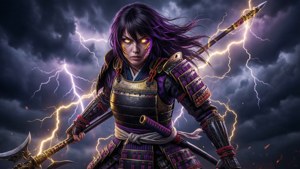 擁有發光眼睛和紫色頭髮的武士，在閃電風暴中揮舞兩件武器。