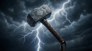 雷神之鎚妙爾尼爾被閃電和暴風雲環繞。