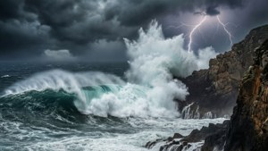 在雷暴下，巨浪撞擊岩石懸崖