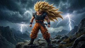 金色頭髮的動漫戰士站在雷電交加的山崖上。