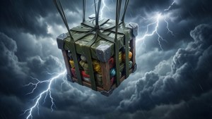 軍用貨物箱用降落傘穿過雷暴，伴隨閃電同雨下降。