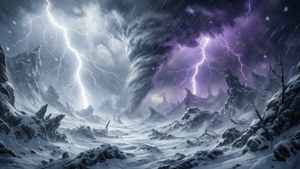 積雪的山谷在猛烈的紫色閃電和龍捲風下。