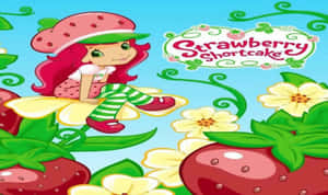 卡通女仔 Strawberry Shortcake 坐喺花上面，周圍有士多啤梨同花朵。 — 士多啤梨 壁紙