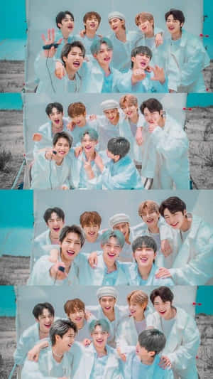 K-pop組合穿著藍色服裝在拼貼畫中愉快地擺姿勢。