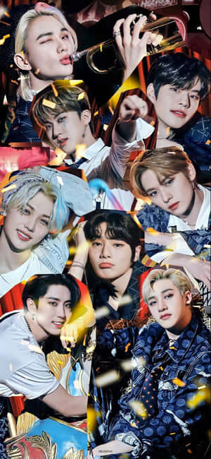 K-pop偶像穿著色彩繽紛的服裝，與五彩紙屑和舞台燈光一起擺姿勢。