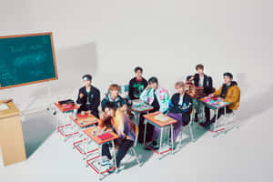七位K-pop偶像在課室中，有書桌和黑板。