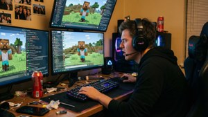 年輕人在三台顯示器上玩Minecraft，身處一個有汽水罐和霓虹燈的雜亂遊戲室。