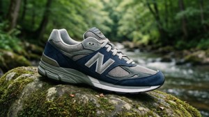 海軍藍色New Balance運動鞋在長滿苔蘚的石頭上，靠近森林溪流