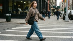 年輕女性穿著連帽衫和牛仔褲穿越城市街道