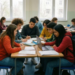 學生們在課室的書桌上一起學習，使用手提電腦和筆記本。