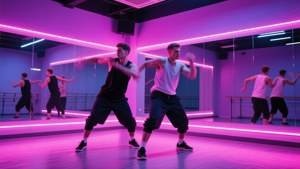 兩名身穿背心的男舞者在舞蹈室中於紫色霓虹燈下表演同步動作。