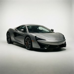 銀色McLaren跑車，帶有黑色飾邊和橙色制動卡鉗，在工作室環境中。