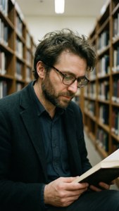 戴眼鏡的男人在圖書館走廊看書