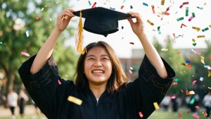 一位微笑的畢業生穿著黑色畢業袍和帽子，慶祝時五彩紙屑在她周圍飄落。