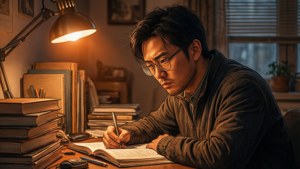 戴眼鏡男人在書桌燈下被書包圍寫筆記