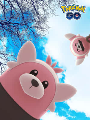 兩隻粉紅色嘅Pokémon喺有光禿禿樹枝嘅藍天漂浮。