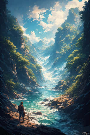 一個人站在河岸上，仰望一個有碧綠色水和綠色懸崖的峽谷，天空明亮