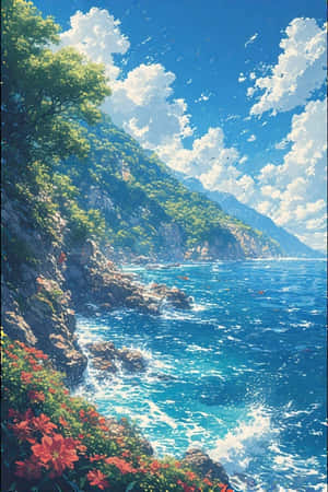 海岸懸崖，有紅花和綠松石色的海浪，明亮的藍天白雲