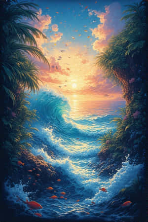 熱帶日落，海浪在棕櫚懸崖間衝擊，魚兒游動