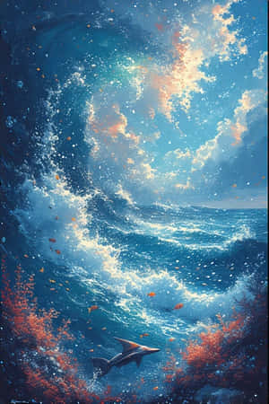 一條雙髻鯊在珊瑚附近游動，巨大的海浪在頭頂轟然落下，呈現充滿活力的海洋場景。