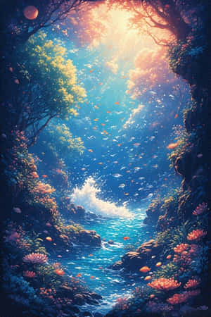 一條發光的藍色河流蜿蜒穿過茂密的森林，魚兒游動，陽光穿過樹木過濾下來。