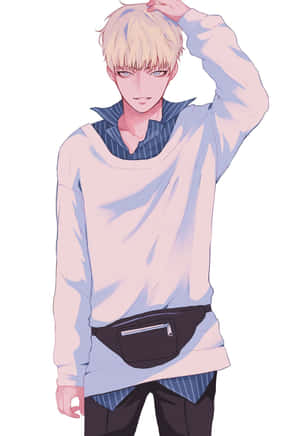 金髮藍眼的動漫男性角色，穿著粉紅色毛衣和腰包。 — iPhone Duo 壁紙