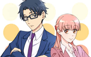 動漫男女穿著西裝，在黃色圓點背景前露出自信表情。 — Steam Deck OLED 壁紙