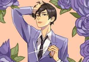 動漫男子穿著紫色西裝，在紫色玫瑰中戴著眼鏡。 — 刺客2 壁紙
