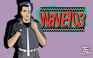 動漫角色在WAVE103電台標誌旁整理外套。