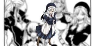 動漫女孩穿著女僕裝，白髮藍眼，站在模糊的角色前。 — 動漫角色 壁紙