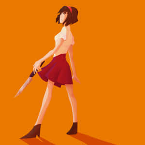 動漫女孩穿紅裙子在橙色背景上拿刀。 — iPad 壁紙