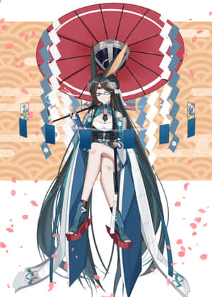 穿著傳統藍白服裝的動漫女孩，在櫻花飄落中撐著紅傘。 — iPhone Duo 壁紙